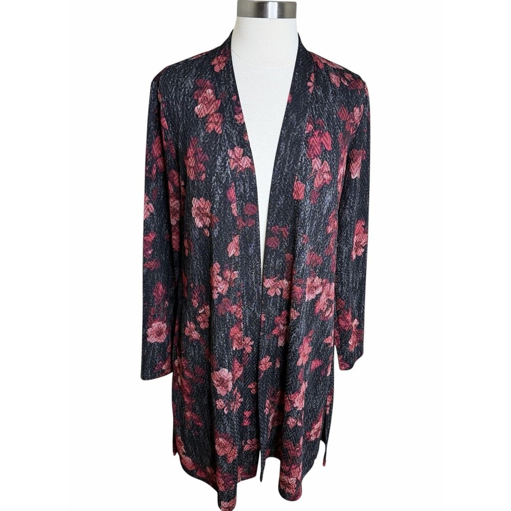 Susan Graver Liquid Knit Cardigan Size Small Black Red Floral Open Front Long